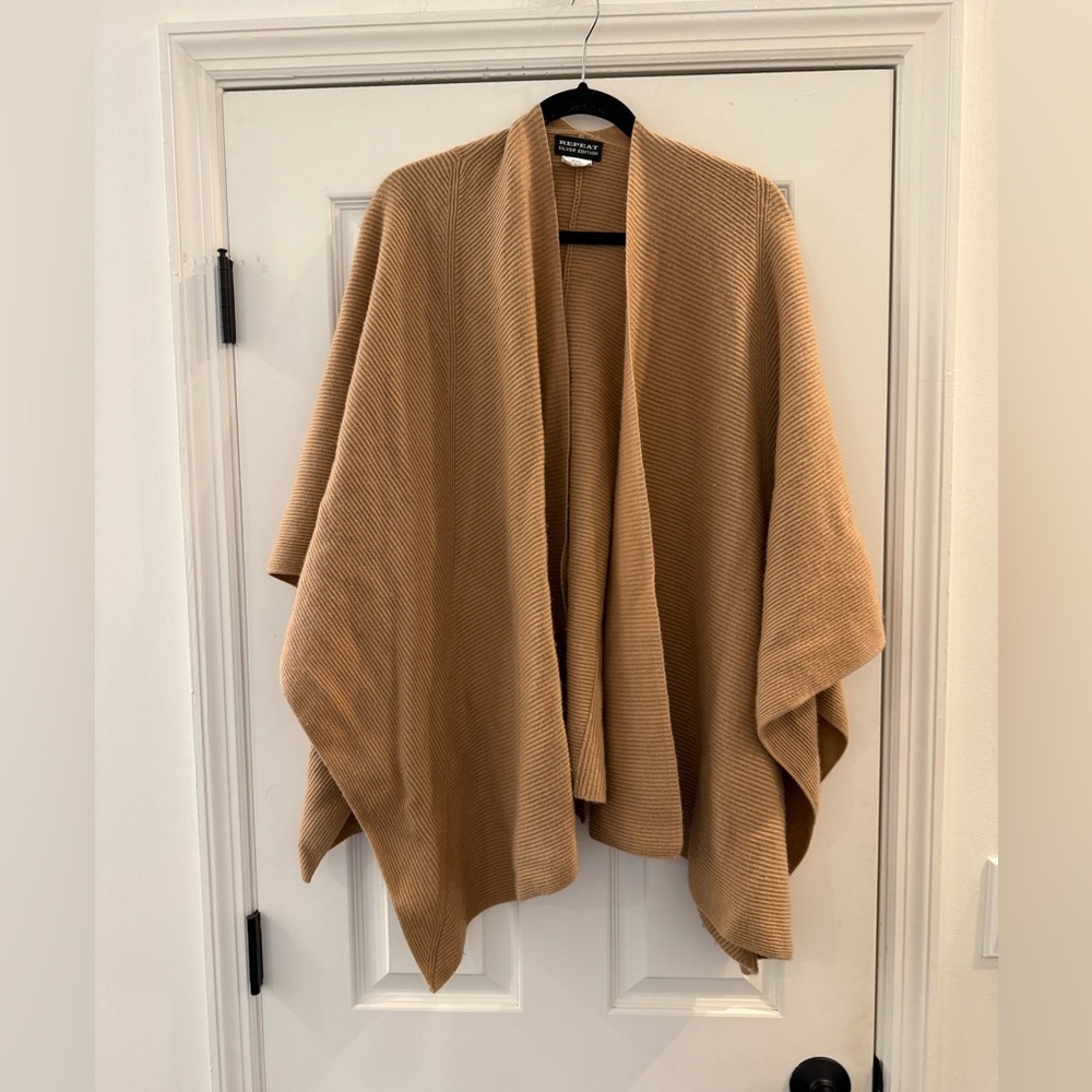 Repeat Cashmere Silver Edition Open Front Ribbed Poncho Cape Scarf Wool Blend